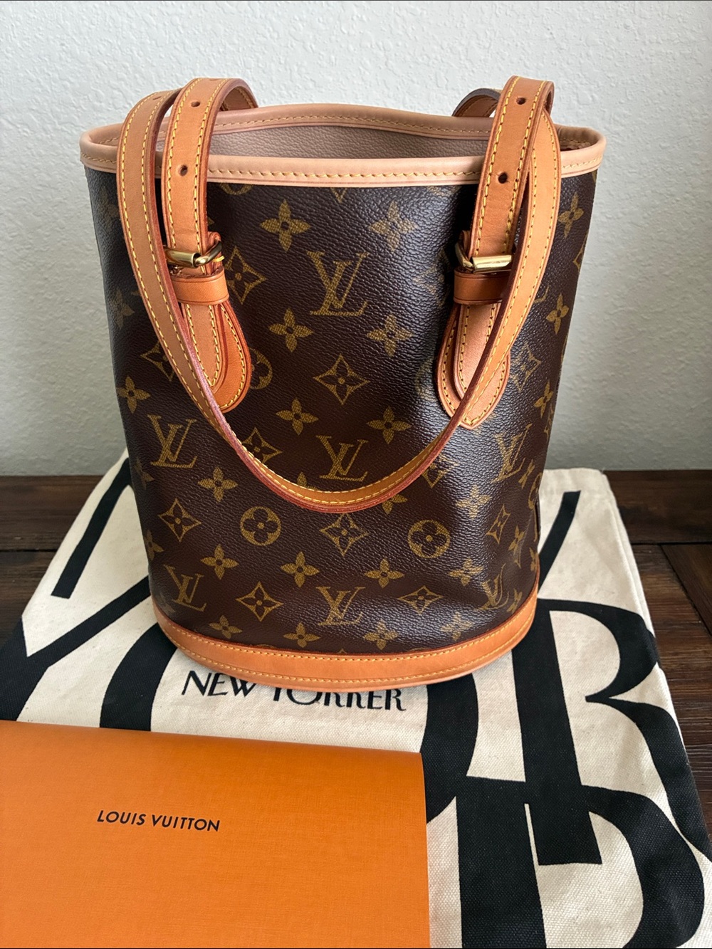 Louis Vuitton Monogram Canvas Petit Bucket Tote with Vachetta Straps